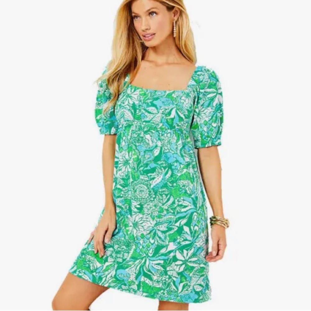 Lilly Pulitzer Green Floral Square-Neck Shift Dress